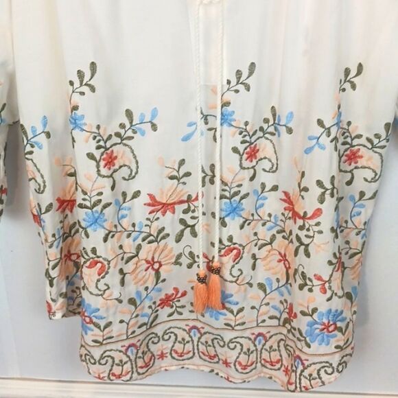 Pale Sky Emmy boho / Cottagecore floral embroidered long-sleeve white top large - Picture 3 of 9